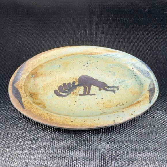Vintage Hand Made Stoneware Oval Dish Plate Trinket Dish Holder Folk Art Signed - Picture 11 of 13